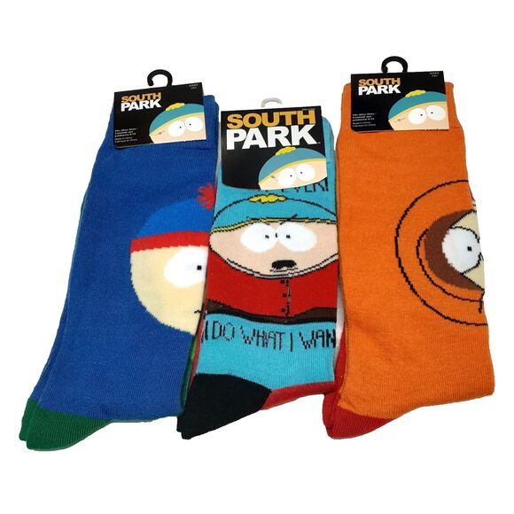 South Park Eric Kenny Kyle Stan Mens 3 Pack Multicolor Crew Socks NWT Size 6-12 - Picture 1 of 5